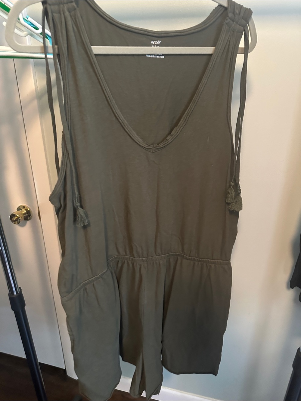aerie Olive Green V-Neck Tassel Romper